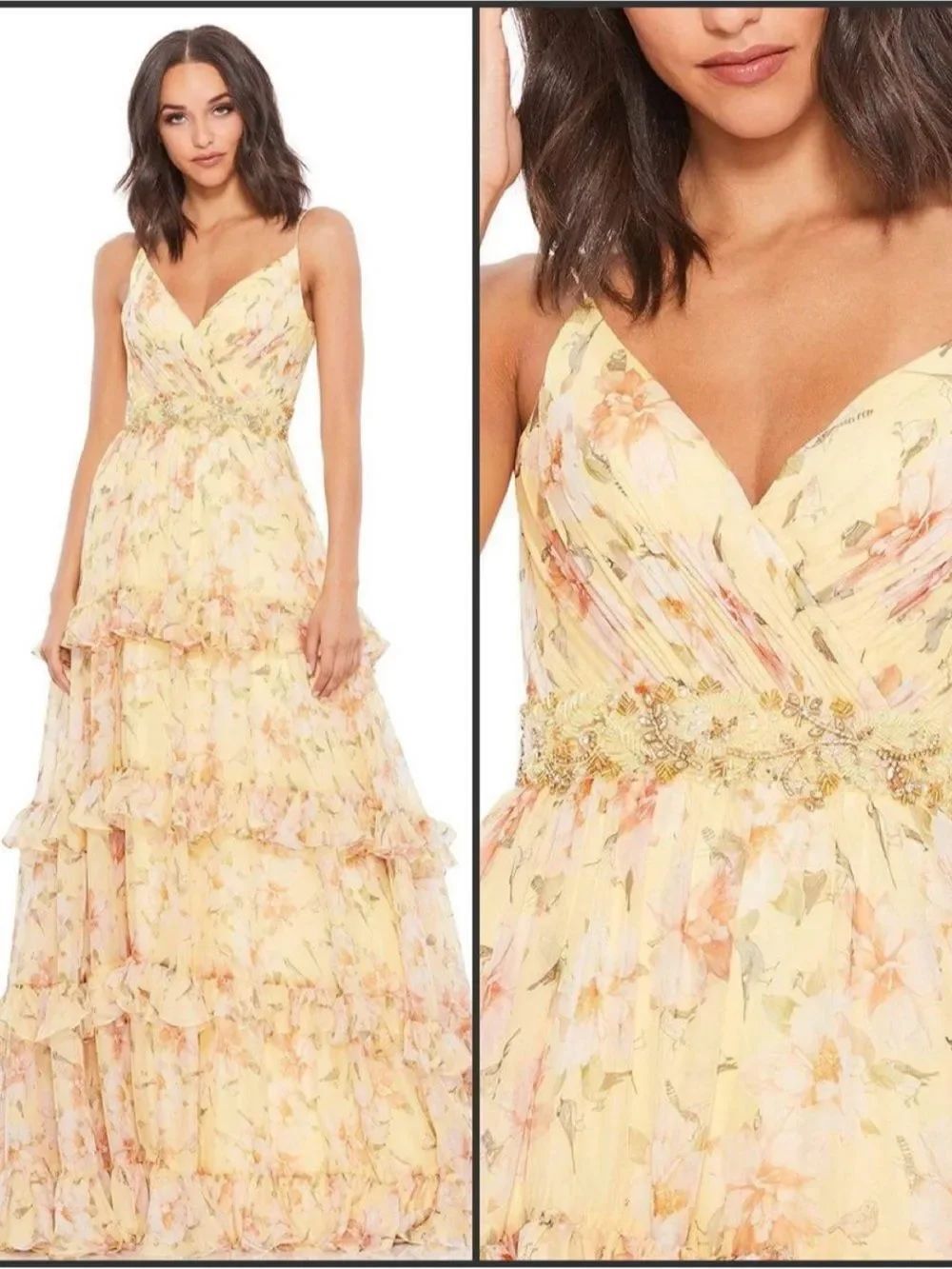NWT Mac Duggal 67794 Yellow Tiered Floral Chiffon Gown Size 2
